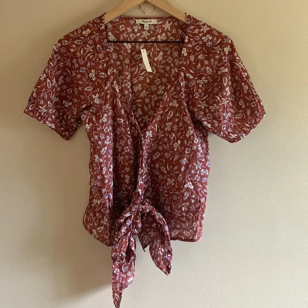 NWT Madewell Floral Wrap Top XS Rust Floral Puff Sleeve Tie Waist Blouse